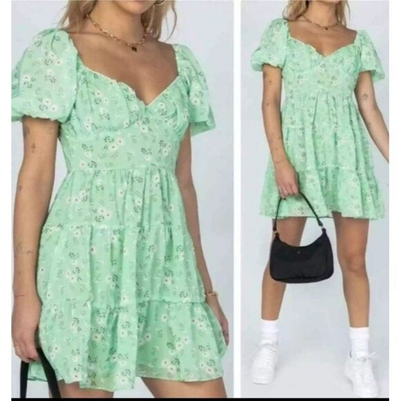PRINCESS POLLY Floral green Emery Puff Sleeve Mini Dress Size 2 - Picture 1 of 5